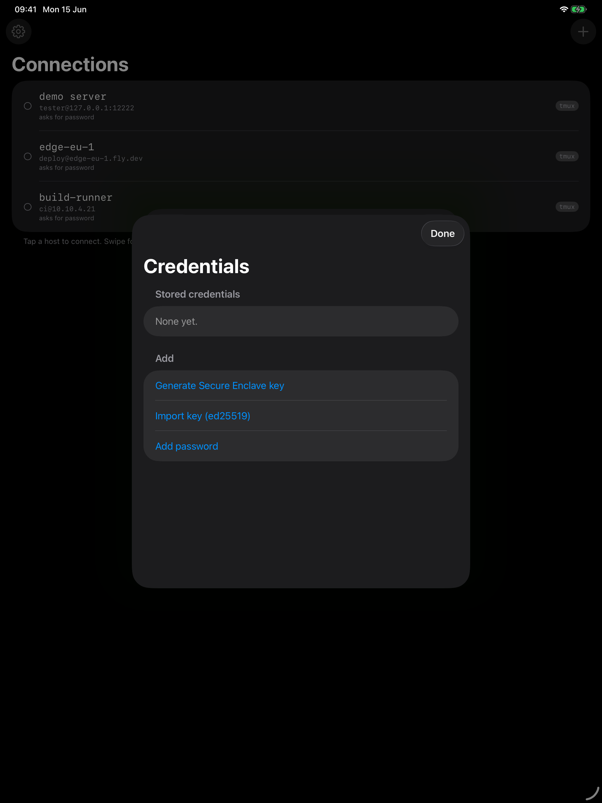 The dotMux credential vault on iPad offering to generate a Secure Enclave key, import an ed25519 key, or add a password.