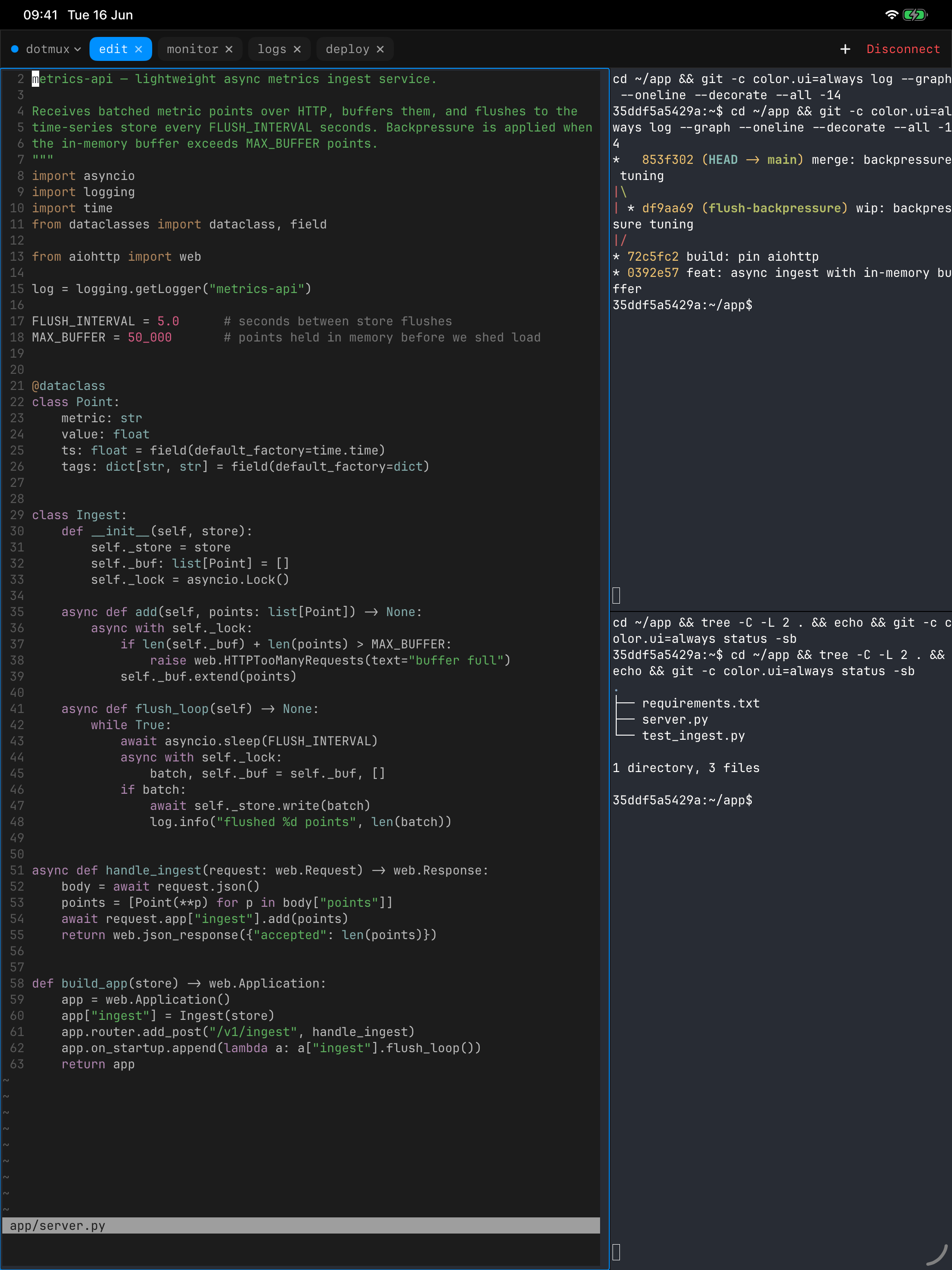 dotMux on iPad showing a remote tmux window split into three native panes: an editor, a git graph, and a live system monitor.
