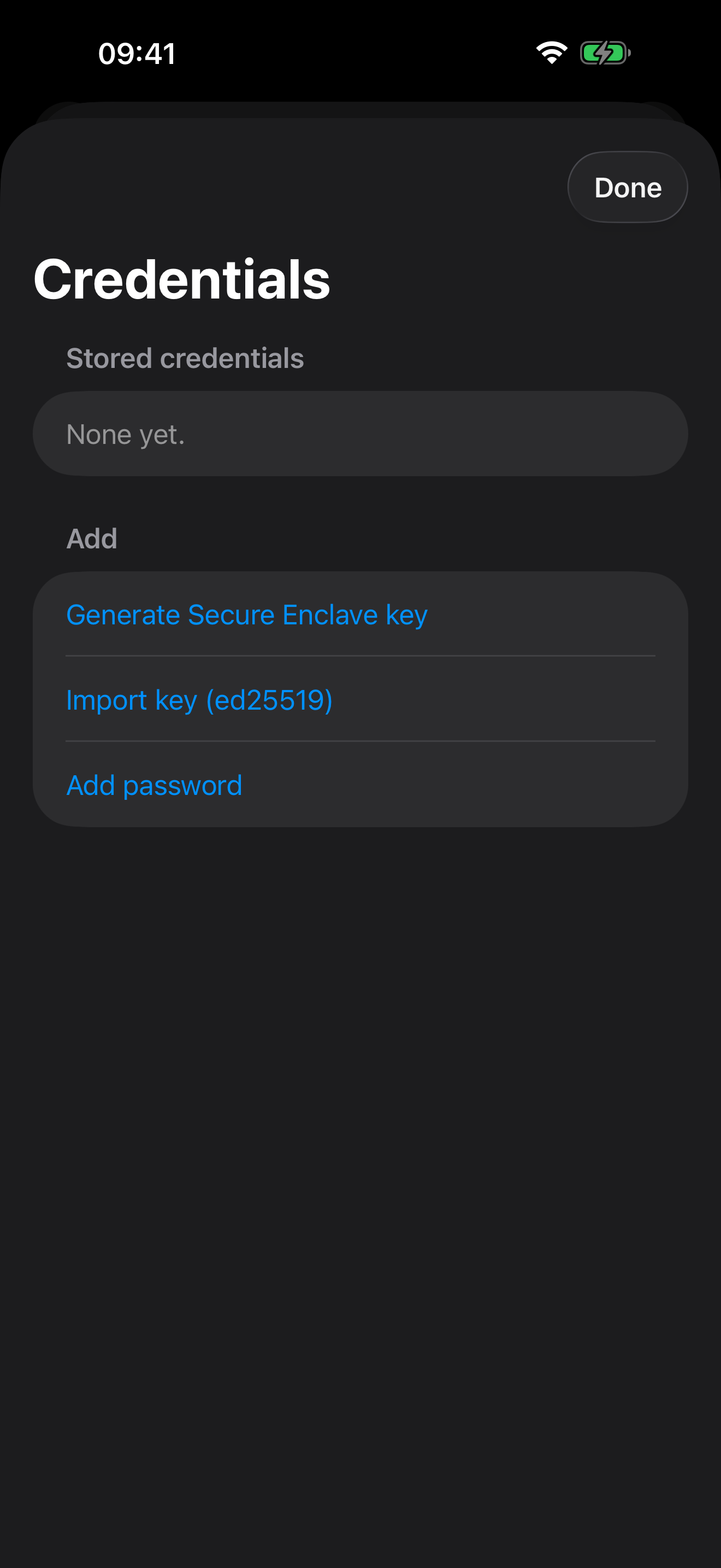 The dotMux credential vault on iPhone offering to generate a Secure Enclave key, import an ed25519 key, or add a password.