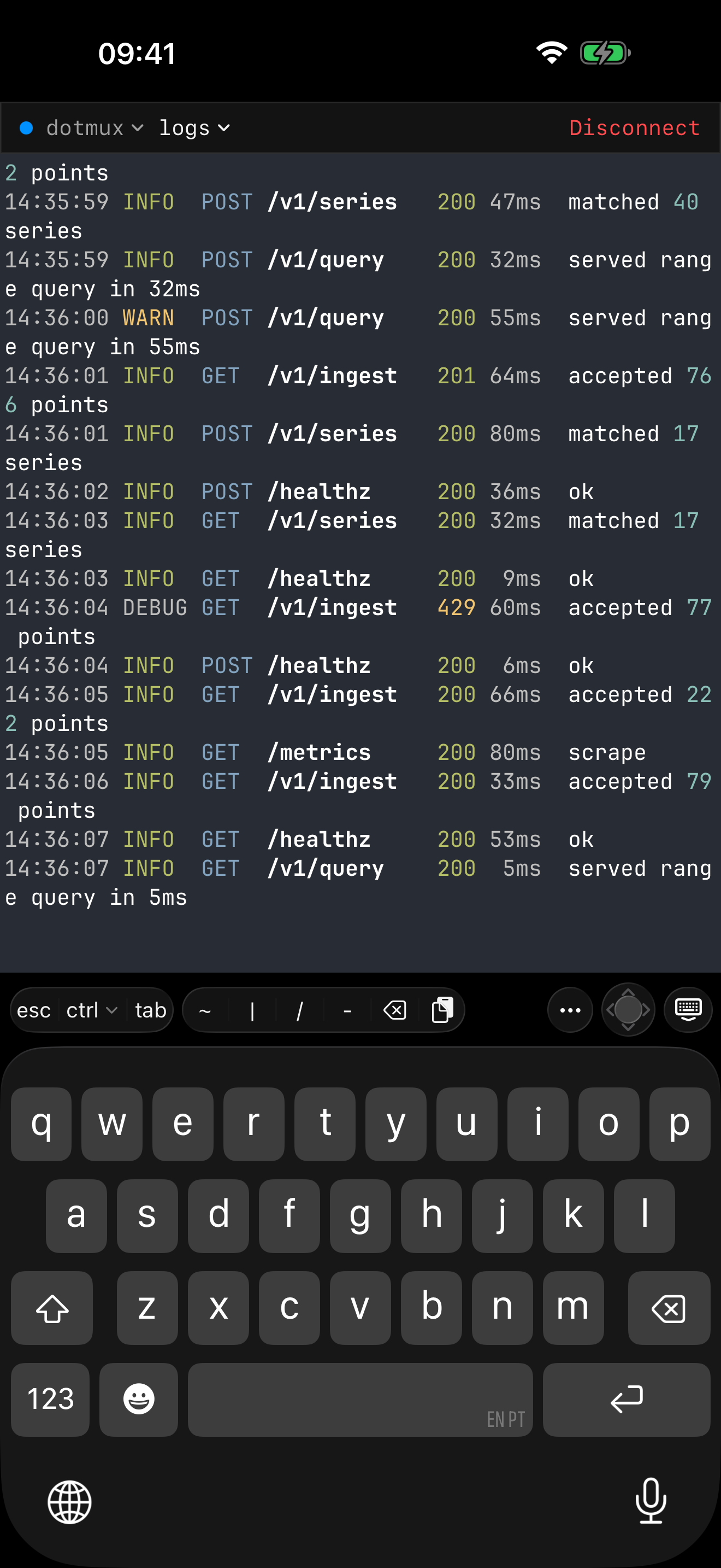 The dotMux helper keyboard bar above the iOS keyboard, with Esc, Ctrl, Tab and an arrow joystick.