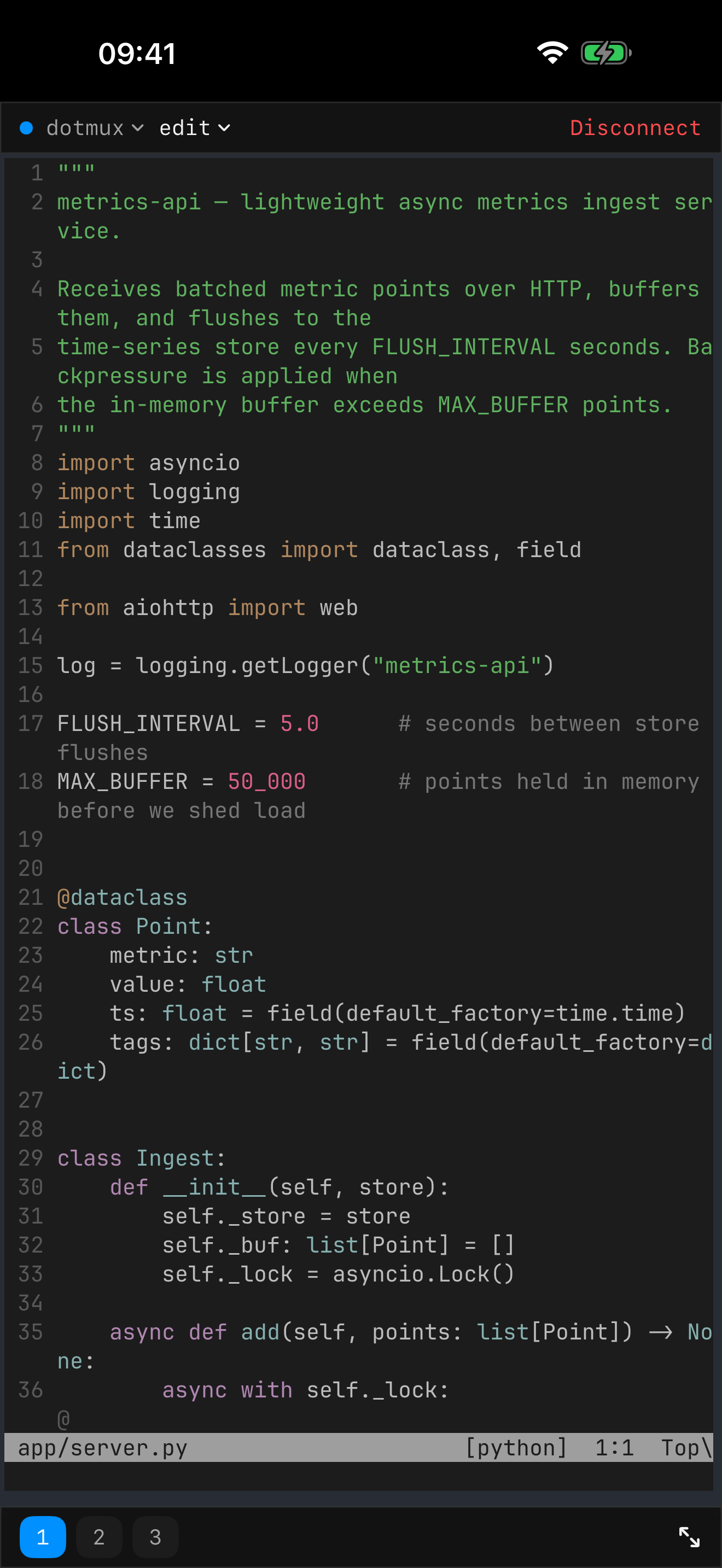 A syntax-highlighted editor pane in dotMux on iPhone with a tab bar showing the tmux session and window, and a pane switcher.
