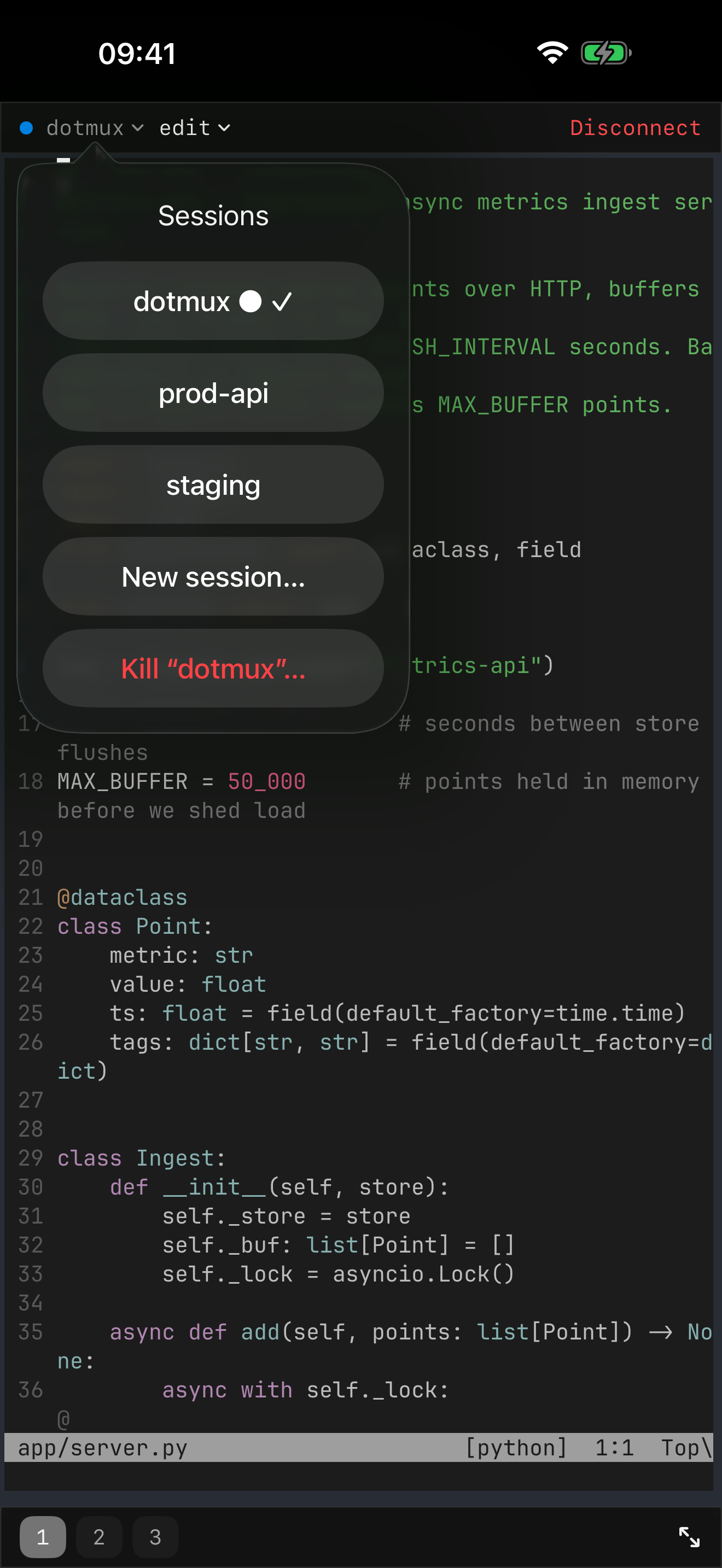 The dotMux session picker on iPhone listing the tmux sessions available on the host.